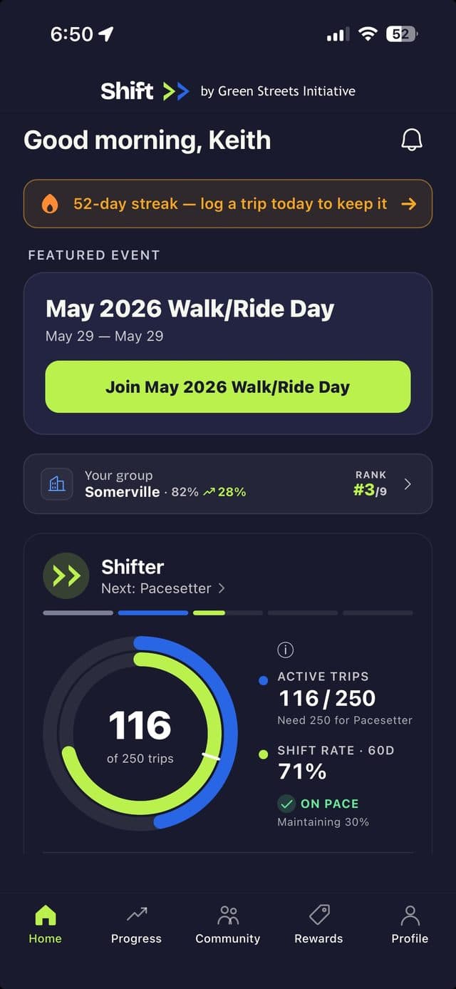 Shift home screen showing a 52-day streak, Shifter tier, and 71% shift rate