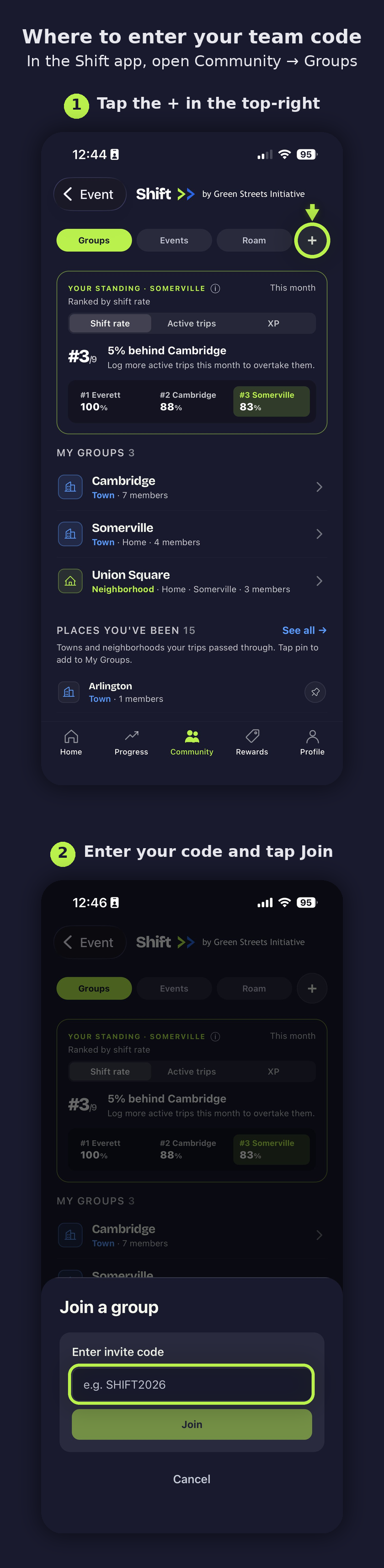 How to enter your school code in the Shift app: tap the + button on the Community tab, then enter your invite code and tap Join.